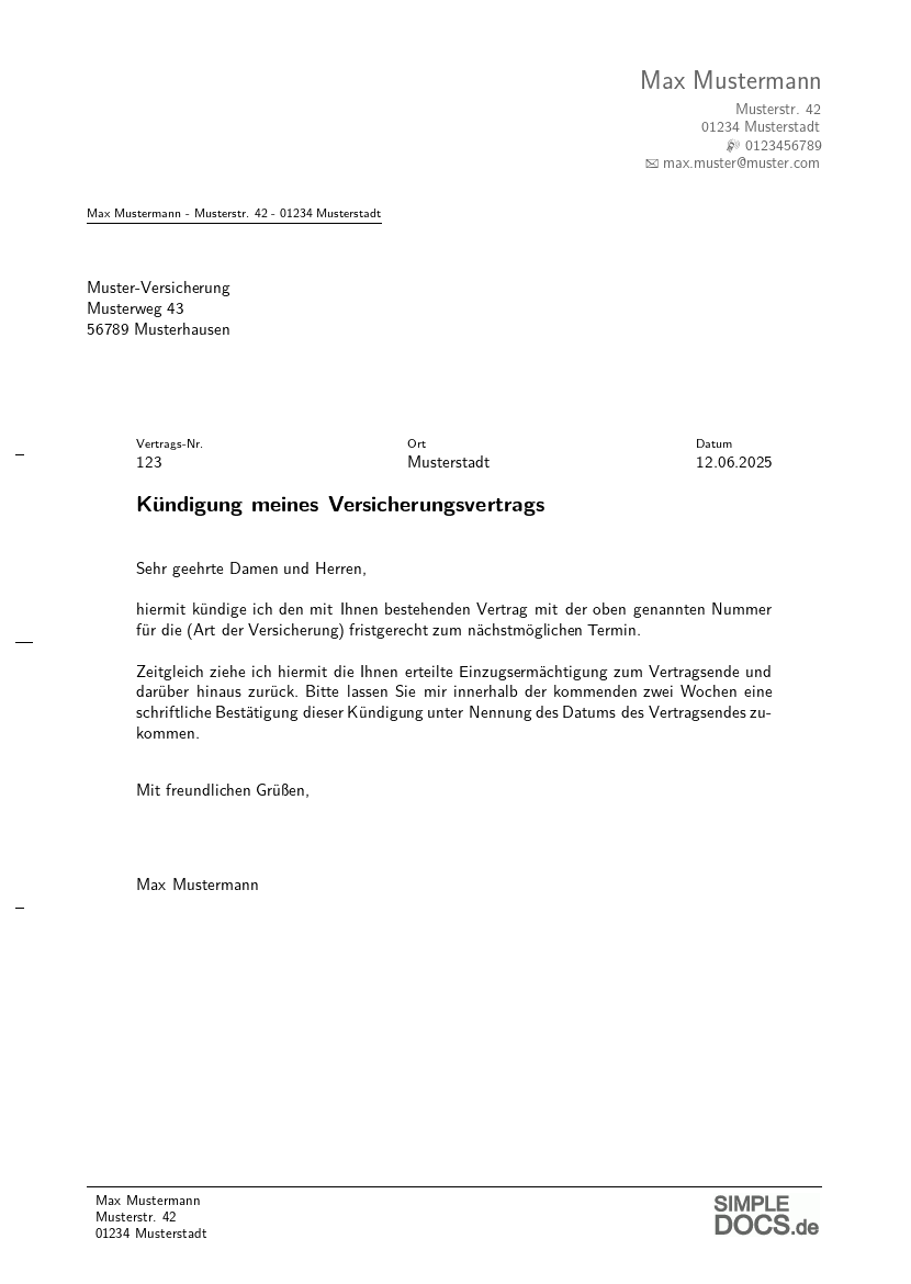 Versicherungs-Kündigungsmuster, Seite 1