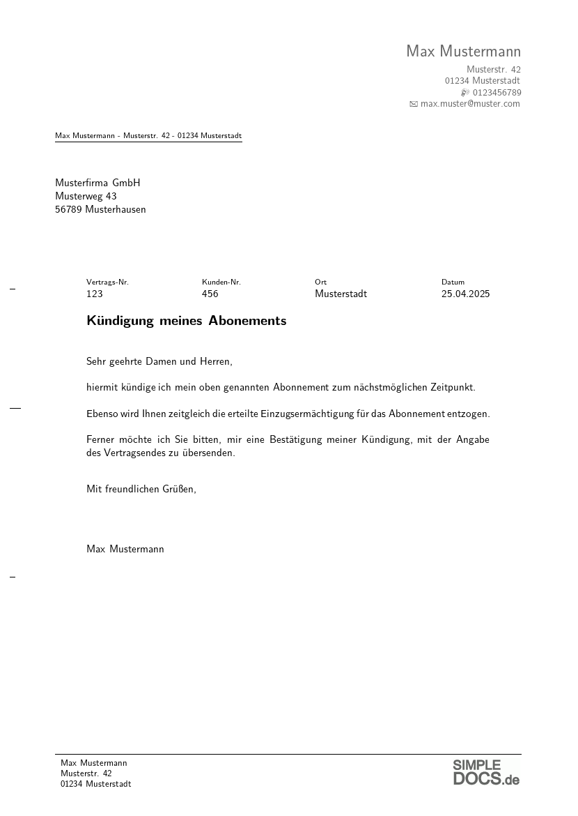 Abo-Kündigungsmuster, Seite 1