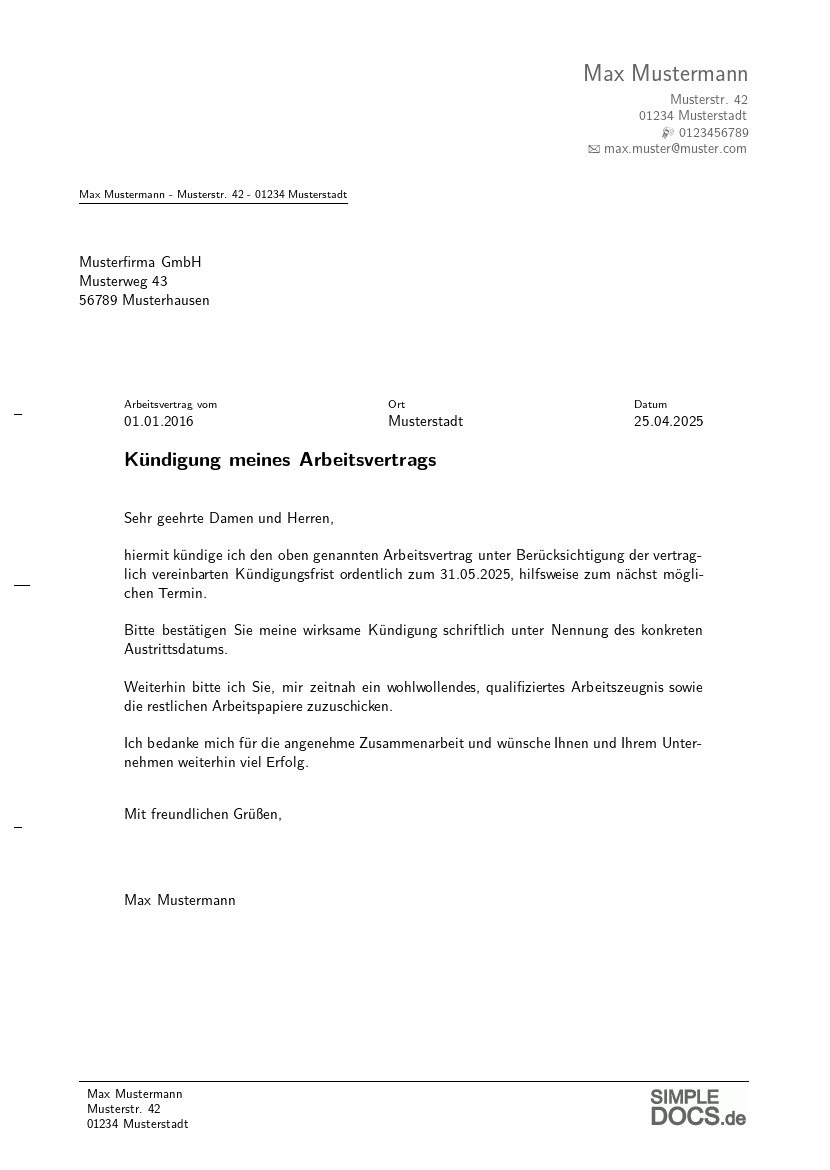 Arbeitsvertrags-Kündigungsmuster, Seite 1