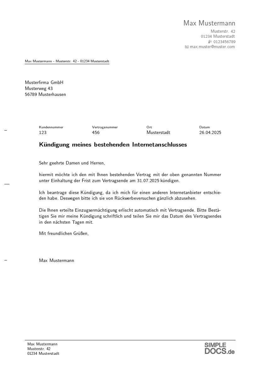 Internetanschluss-Kündigungsmuster, Seite 1