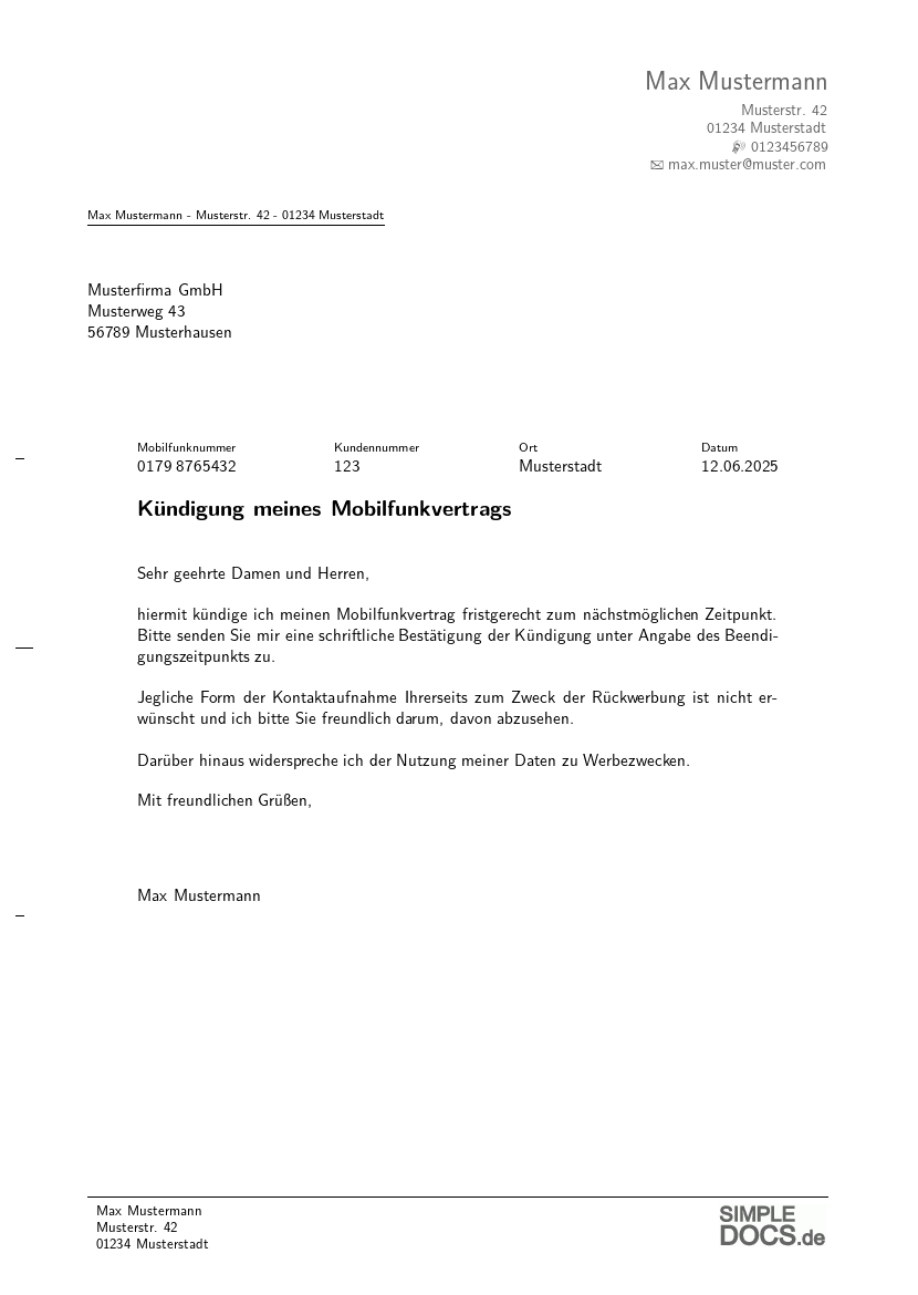 Mobilfunkvertrags-Kündigungsmuster, Seite 1