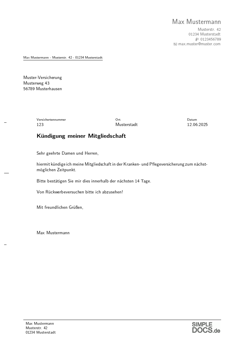 Krankenversicherungs-Kündigungsmuster, Seite 1