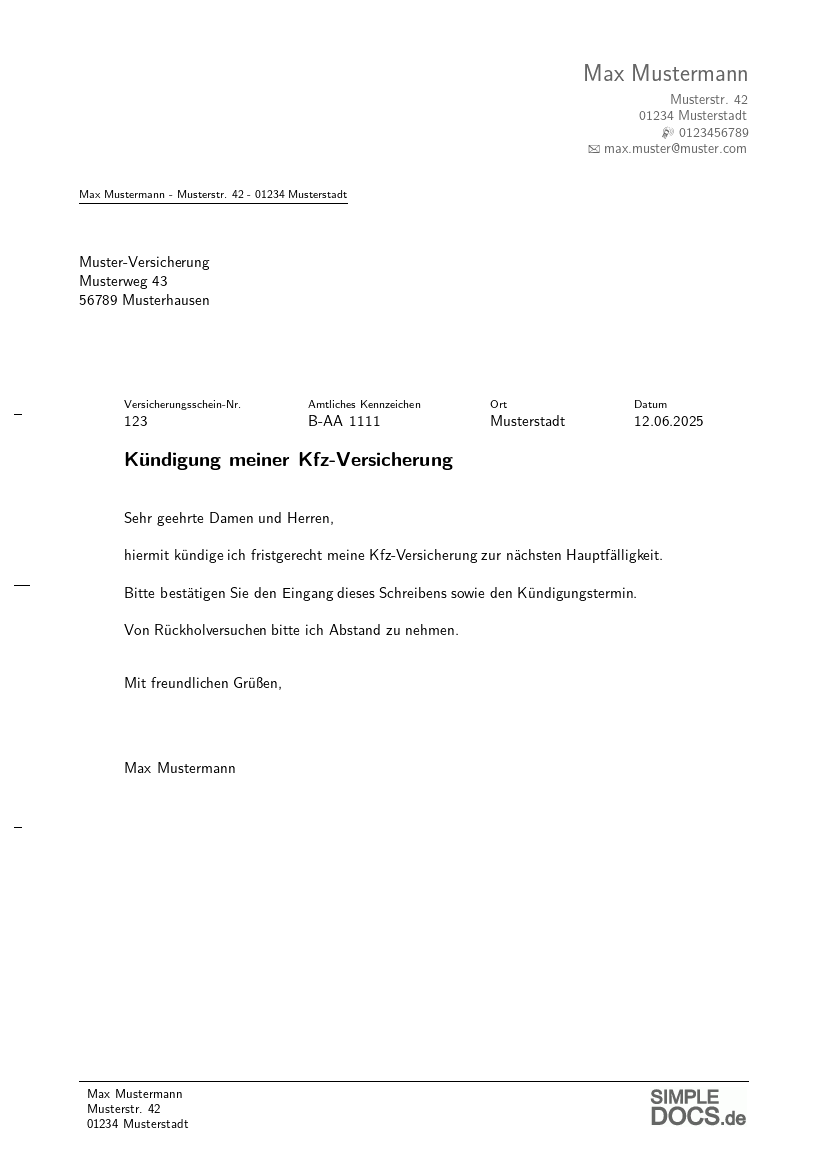 KFZ-Versicherungs-Kündigungsmuster, Seite 1