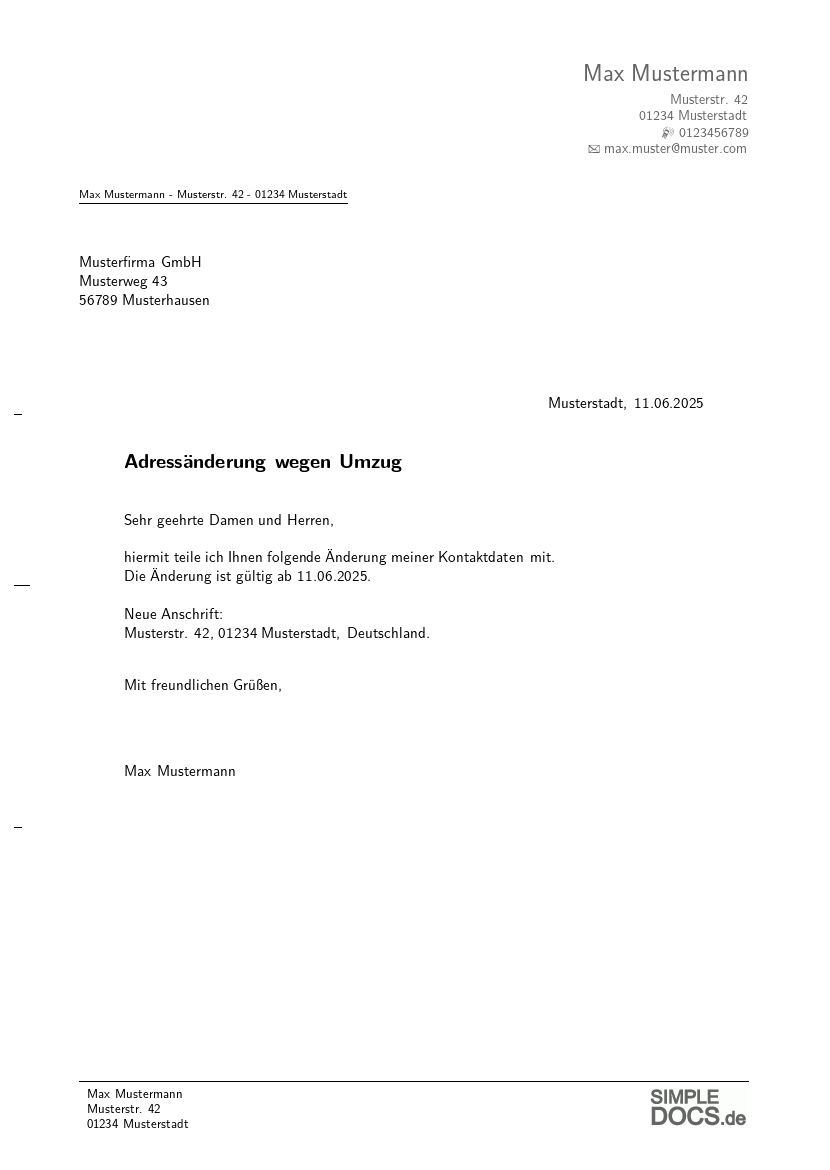 Mitteilung einer Adressänderung, Seite 1