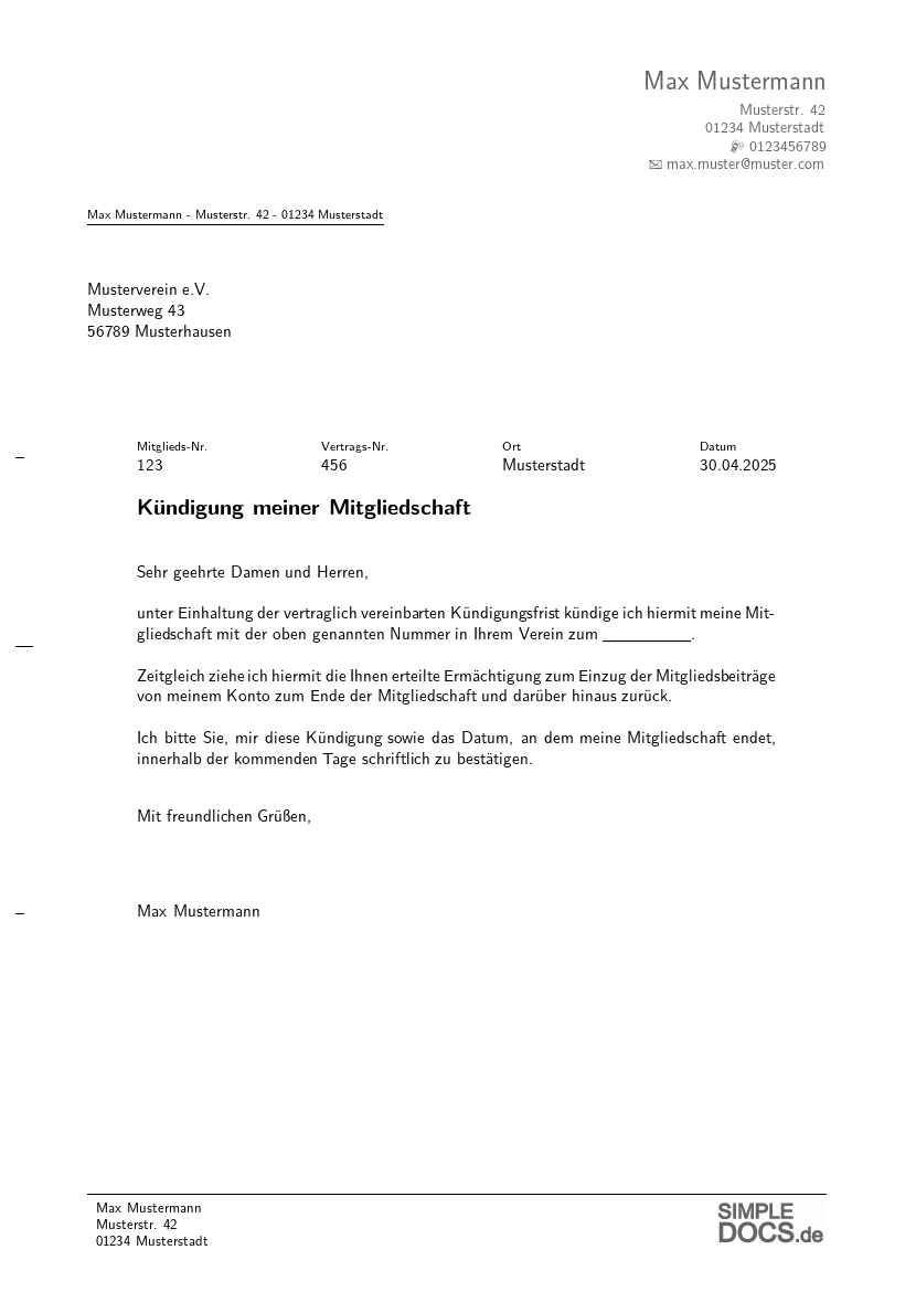 Vereinsmitgliedschafts-Kündigungsmuster, Seite 1